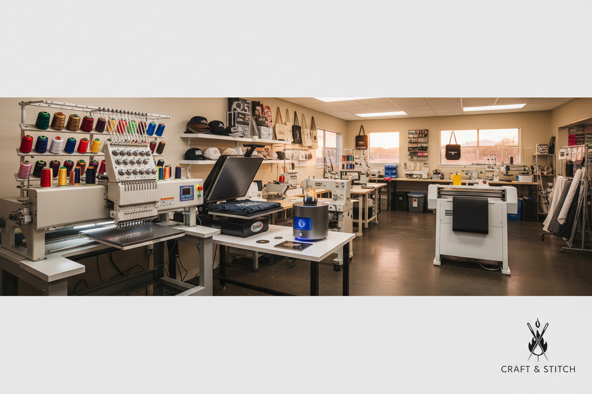 Create a banner that shows various equipments in a apparel, engraving and embroidery small business
